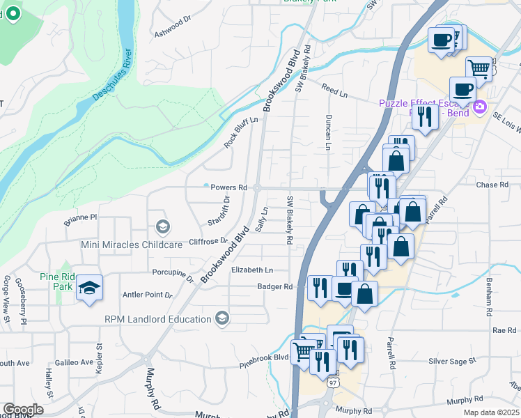 map of restaurants, bars, coffee shops, grocery stores, and more near 61355 Sally Lane in Bend