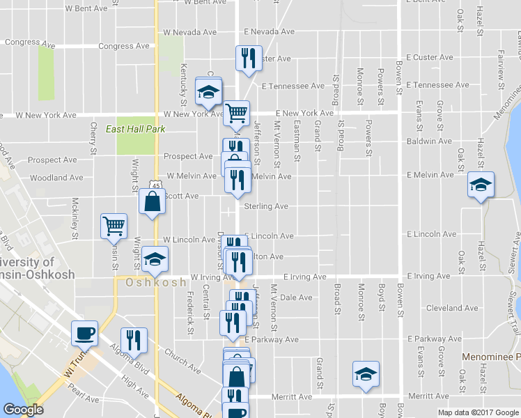 map of restaurants, bars, coffee shops, grocery stores, and more near 838 Jefferson Street in Oshkosh