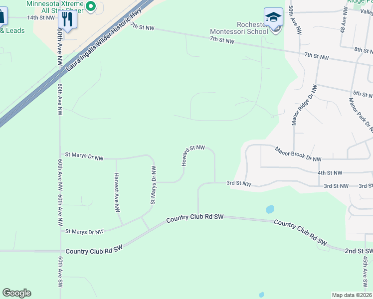 map of restaurants, bars, coffee shops, grocery stores, and more near 5411 Howard Street Northwest in Rochester