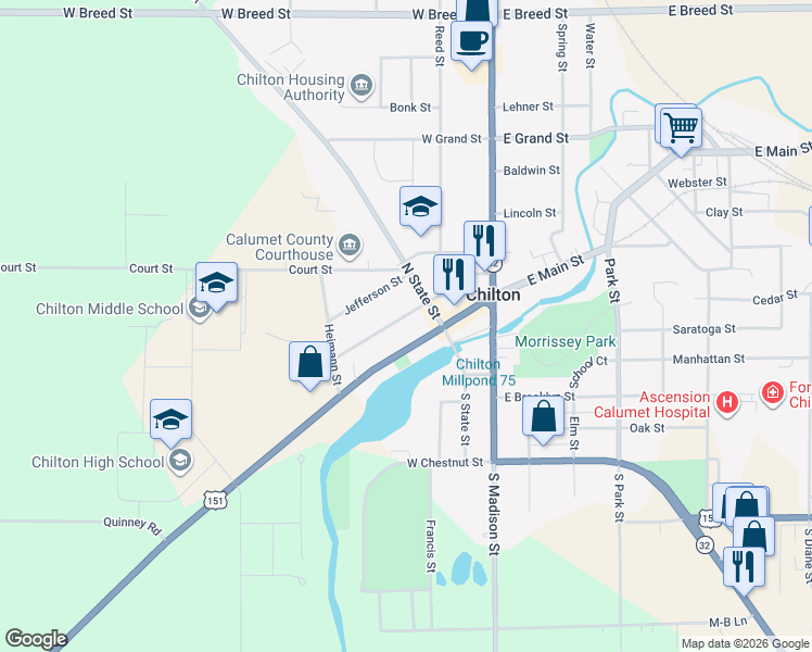 map of restaurants, bars, coffee shops, grocery stores, and more near 151 School Street in Chilton
