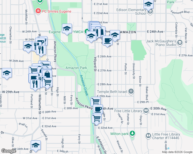 map of restaurants, bars, coffee shops, grocery stores, and more near 2749 Hilyard Street in Eugene