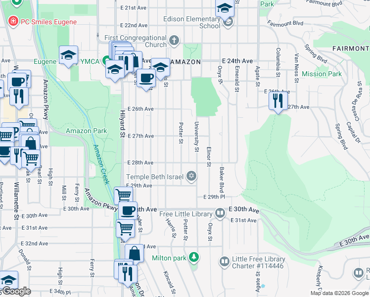 map of restaurants, bars, coffee shops, grocery stores, and more near 2743 Potter Street in Eugene