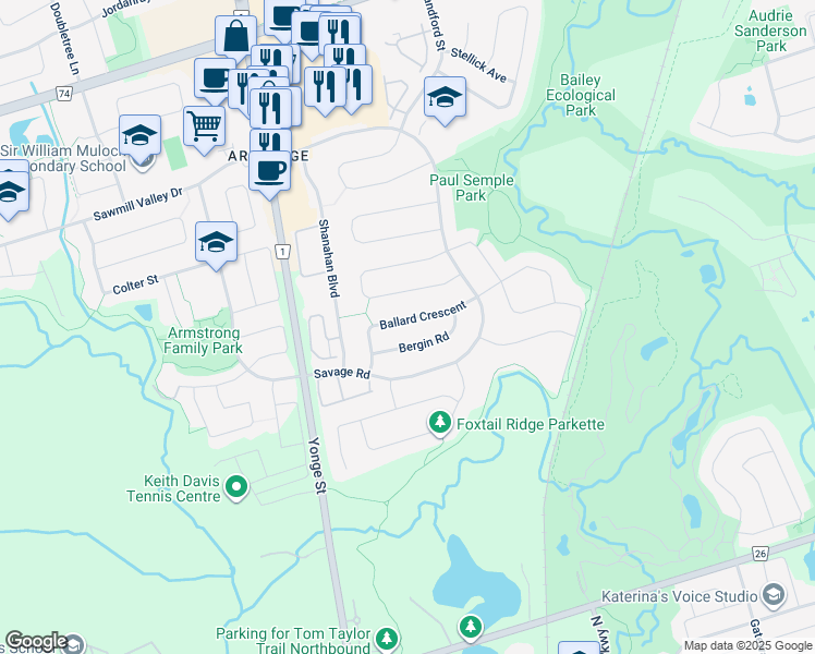 map of restaurants, bars, coffee shops, grocery stores, and more near 72 Ballard Crescent in Newmarket
