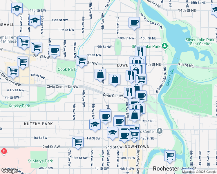 map of restaurants, bars, coffee shops, grocery stores, and more near 236 5th Street Northwest in Rochester