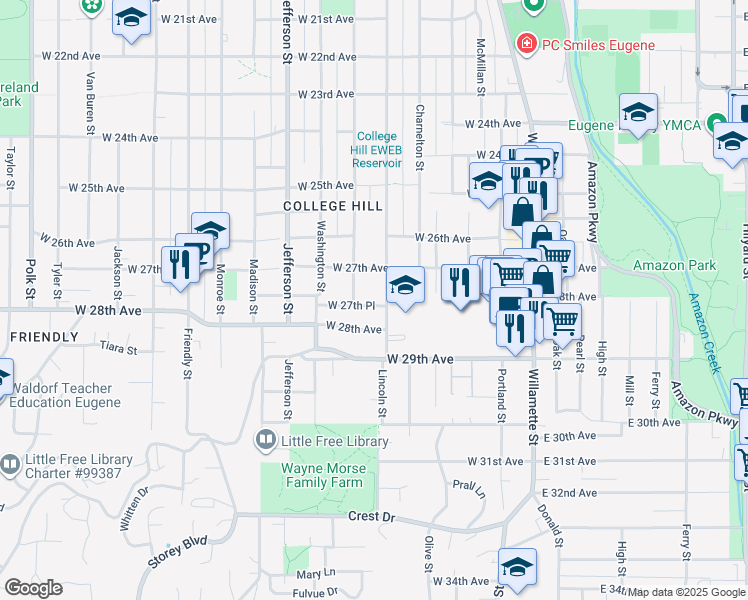 map of restaurants, bars, coffee shops, grocery stores, and more near 355 West 27th Place in Eugene