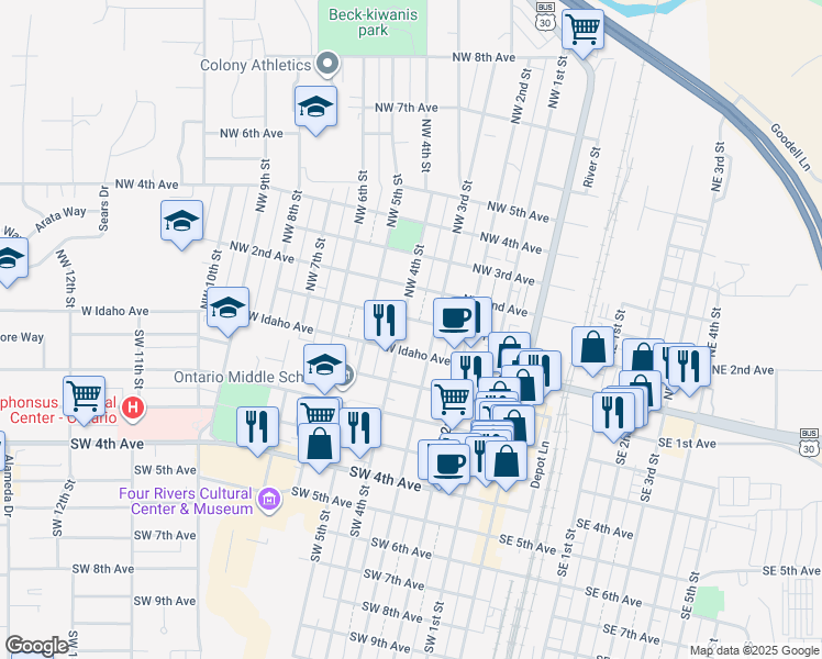 map of restaurants, bars, coffee shops, grocery stores, and more near 87 Northwest 3rd Street in Ontario