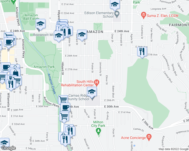 map of restaurants, bars, coffee shops, grocery stores, and more near 2746 Potter Street in Eugene
