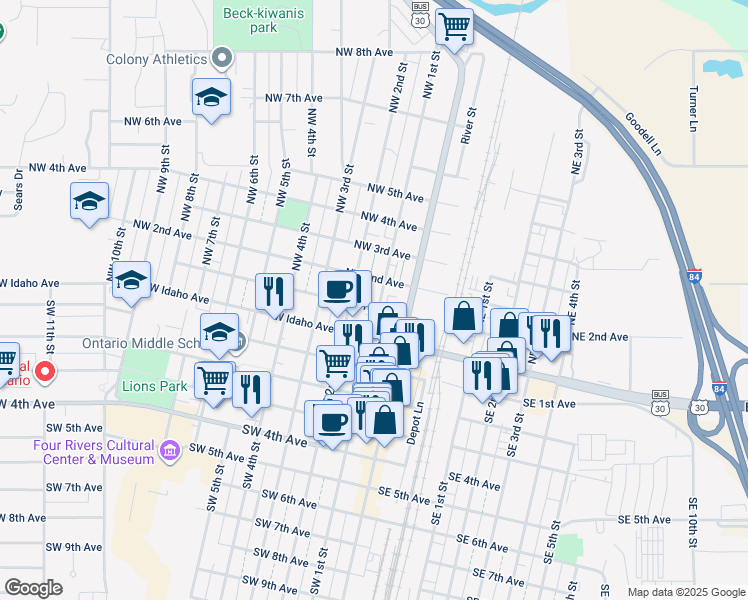 map of restaurants, bars, coffee shops, grocery stores, and more near 124 Northwest 1st Avenue in Ontario
