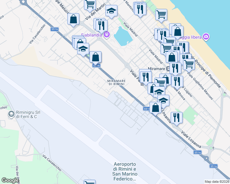map of restaurants, bars, coffee shops, grocery stores, and more near Via Flaminia in Rimini