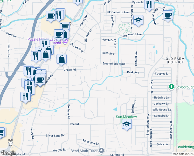 map of restaurants, bars, coffee shops, grocery stores, and more near 61335 News Lane in Bend