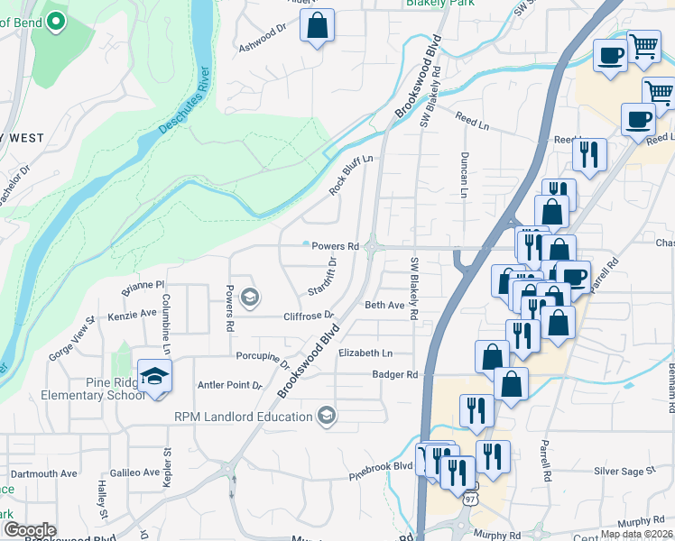map of restaurants, bars, coffee shops, grocery stores, and more near 61366 Stardrift Drive in Bend