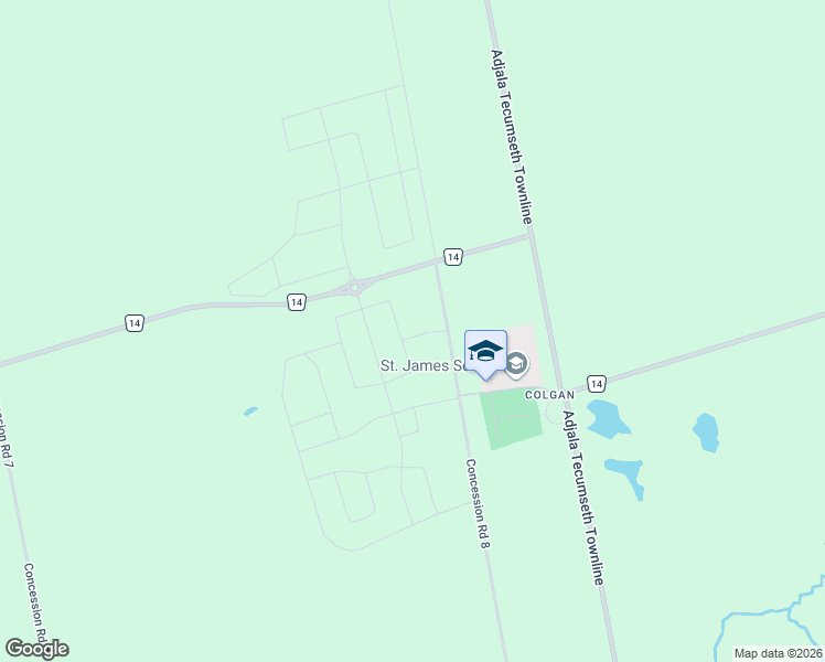 map of restaurants, bars, coffee shops, grocery stores, and more near 2163 Concession Road 8 in Simcoe County