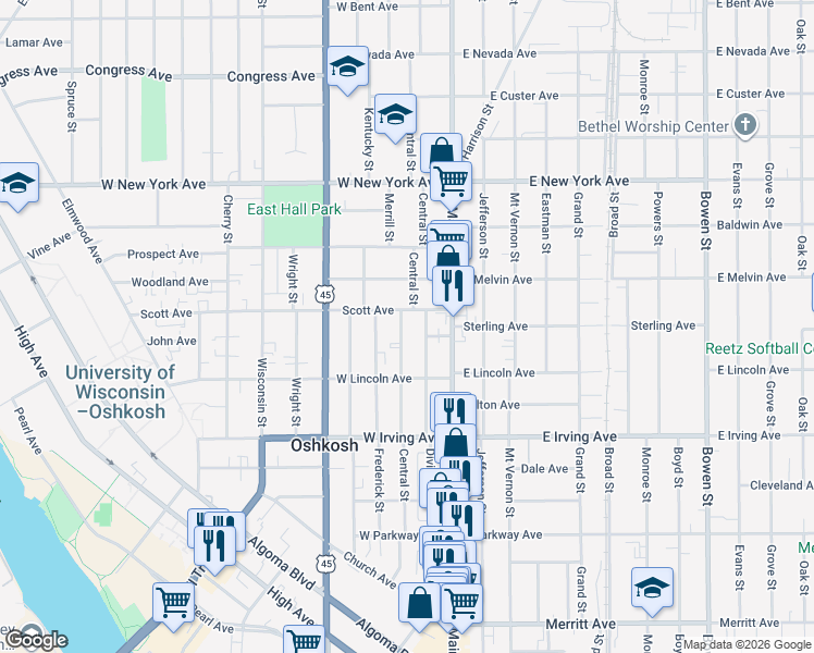 map of restaurants, bars, coffee shops, grocery stores, and more near 847 Division Street in Oshkosh