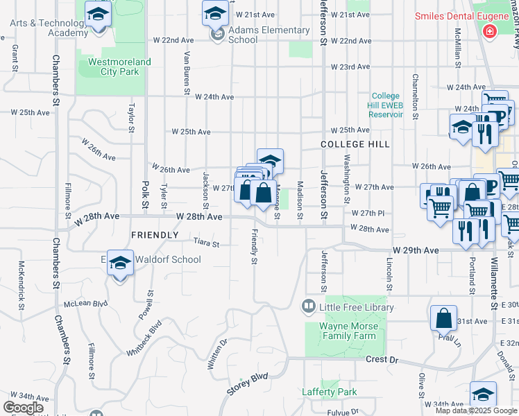 map of restaurants, bars, coffee shops, grocery stores, and more near 2767 Friendly Street in Eugene
