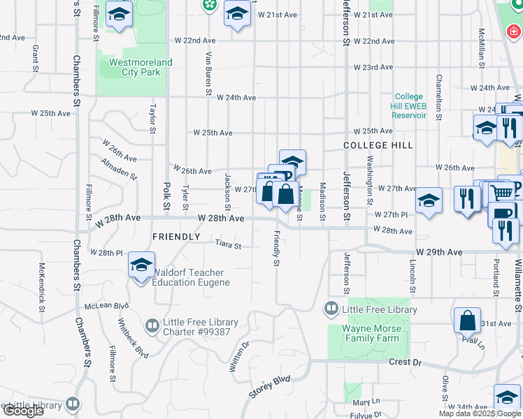 map of restaurants, bars, coffee shops, grocery stores, and more near 2764 Friendly Alley in Eugene