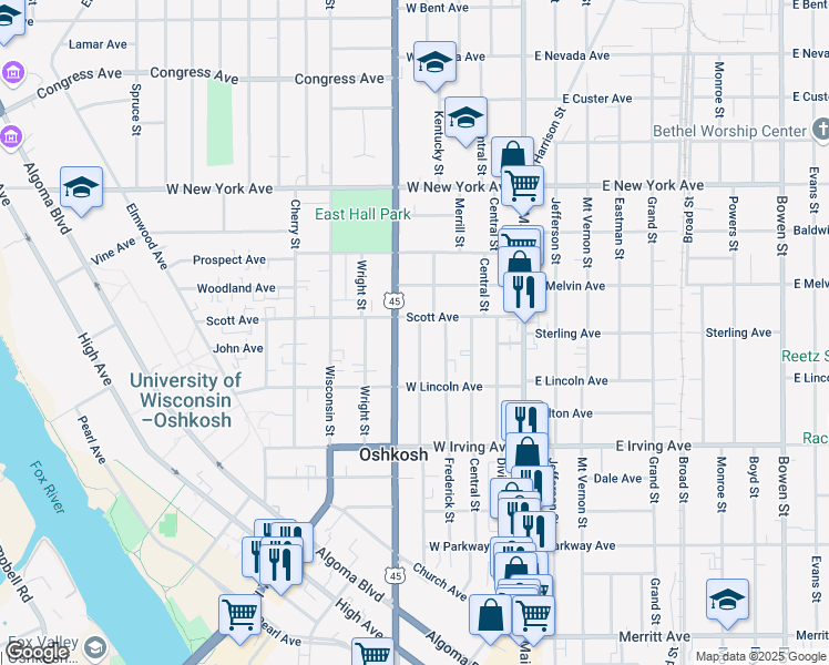 map of restaurants, bars, coffee shops, grocery stores, and more near 851 Franklin Street in Oshkosh