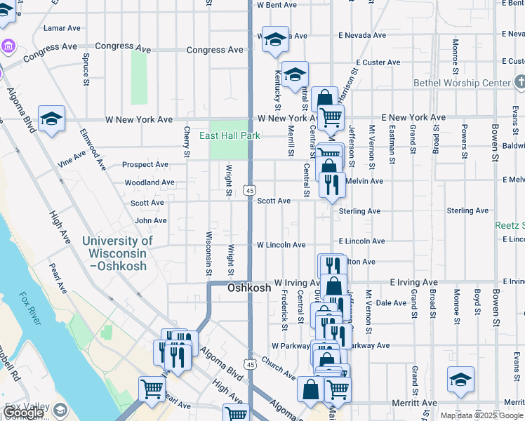 map of restaurants, bars, coffee shops, grocery stores, and more near 851 Franklin Street in Oshkosh