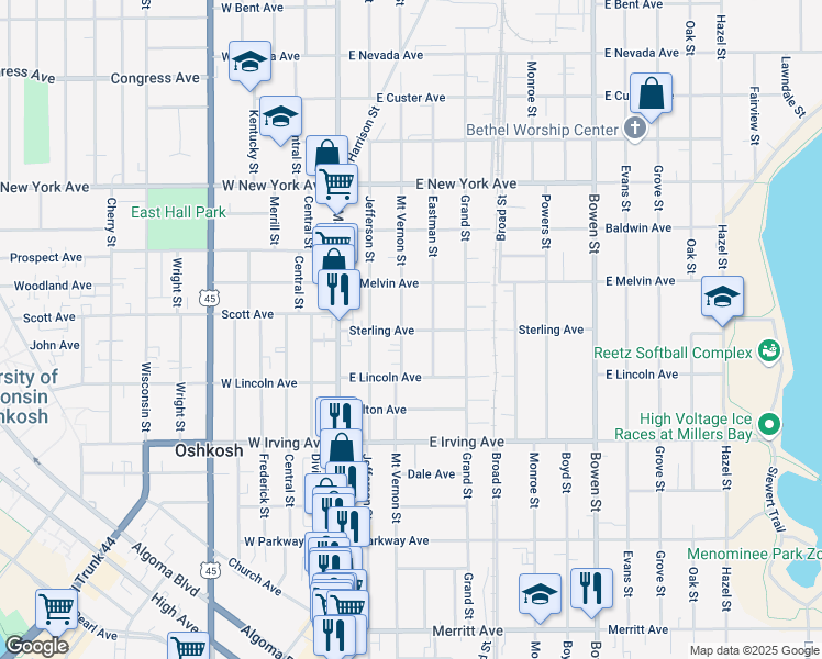 map of restaurants, bars, coffee shops, grocery stores, and more near 208 Sterling Avenue in Oshkosh
