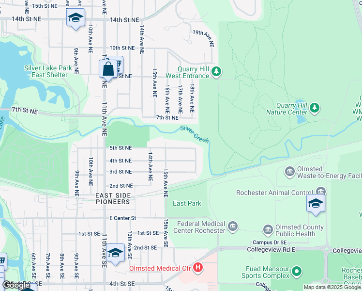map of restaurants, bars, coffee shops, grocery stores, and more near 1525 5th Street Northeast in Rochester