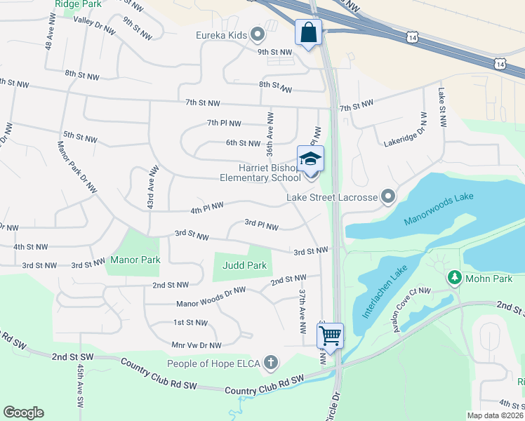 map of restaurants, bars, coffee shops, grocery stores, and more near 3831 3rd Place Northwest in Rochester