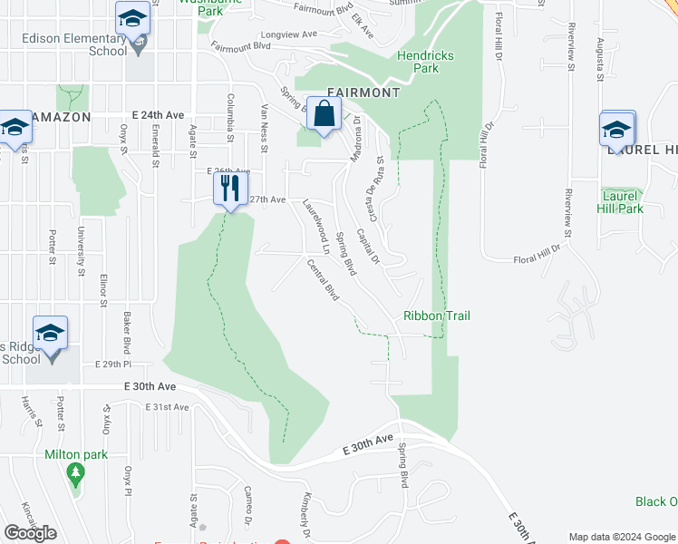 map of restaurants, bars, coffee shops, grocery stores, and more near 2800 Spring Boulevard in Eugene