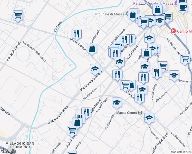 map of restaurants, bars, coffee shops, grocery stores, and more near 171 Via Marina Vecchia in Massa