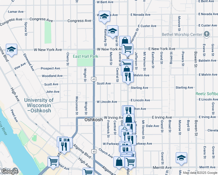 map of restaurants, bars, coffee shops, grocery stores, and more near 852 Frederick Street in Oshkosh