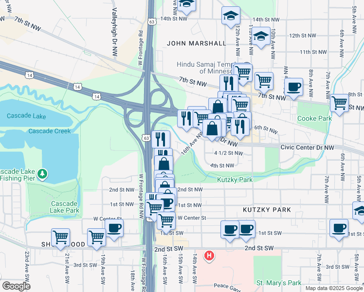 map of restaurants, bars, coffee shops, grocery stores, and more near 401 16th Avenue Northwest in Rochester