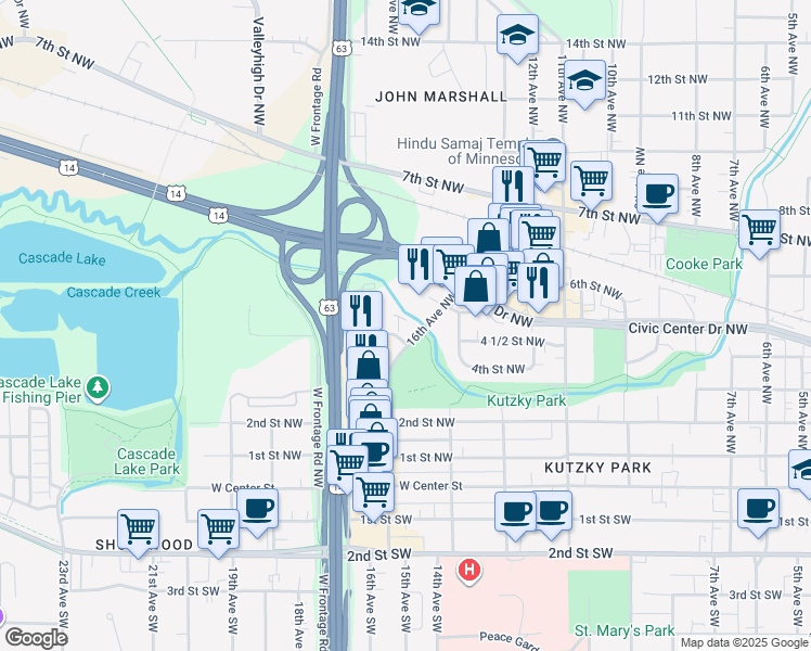 map of restaurants, bars, coffee shops, grocery stores, and more near 401 16th Avenue Northwest in Rochester