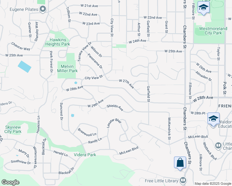 map of restaurants, bars, coffee shops, grocery stores, and more near 2275 West 29th Avenue in Eugene