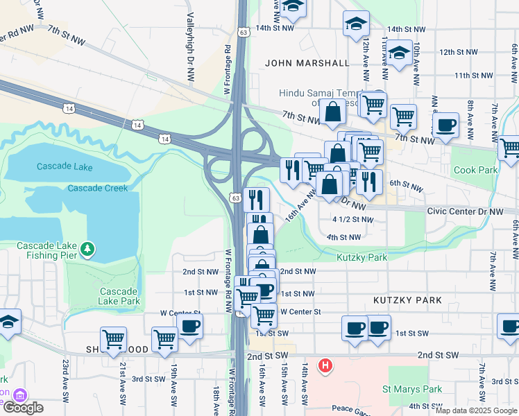 map of restaurants, bars, coffee shops, grocery stores, and more near 1623 4th Street Northwest in Rochester
