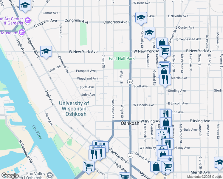 map of restaurants, bars, coffee shops, grocery stores, and more near 857 Wisconsin Street in Oshkosh