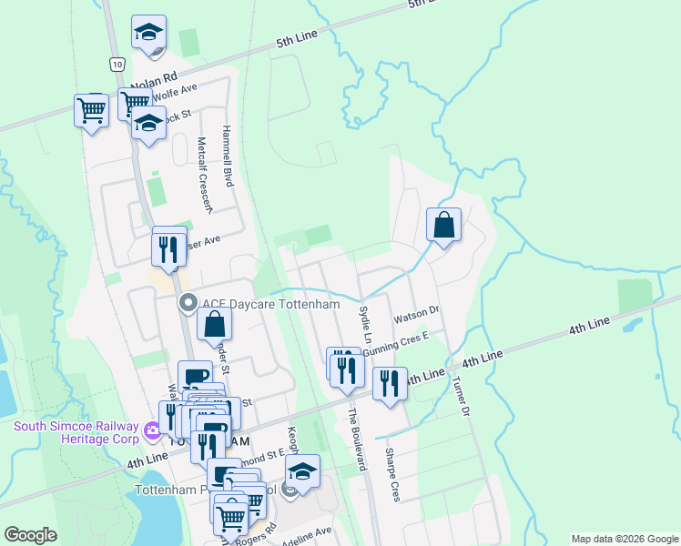 map of restaurants, bars, coffee shops, grocery stores, and more near 97 McCurdy Drive in New Tecumseth