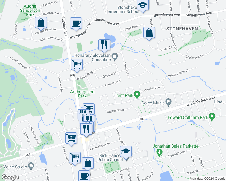 map of restaurants, bars, coffee shops, grocery stores, and more near 58 Major Crescent in Aurora
