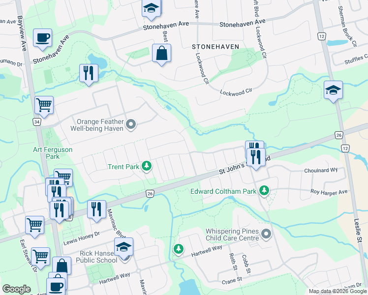 map of restaurants, bars, coffee shops, grocery stores, and more near 209 Baber Crescent in Newmarket