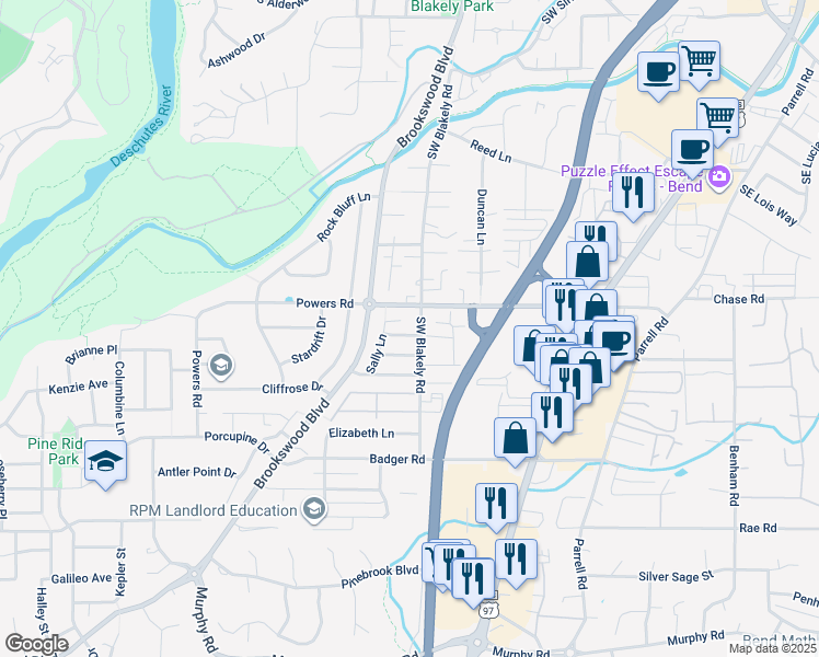 map of restaurants, bars, coffee shops, grocery stores, and more near 20078 Porter Place in Bend