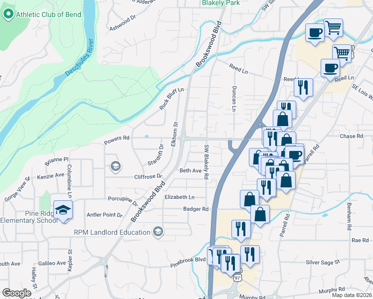 map of restaurants, bars, coffee shops, grocery stores, and more near in Bend