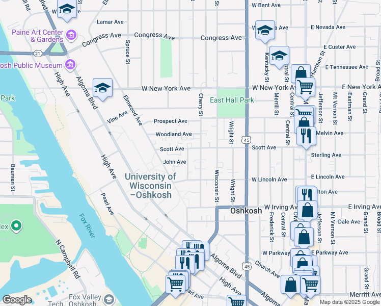 map of restaurants, bars, coffee shops, grocery stores, and more near 814 John Avenue in Oshkosh