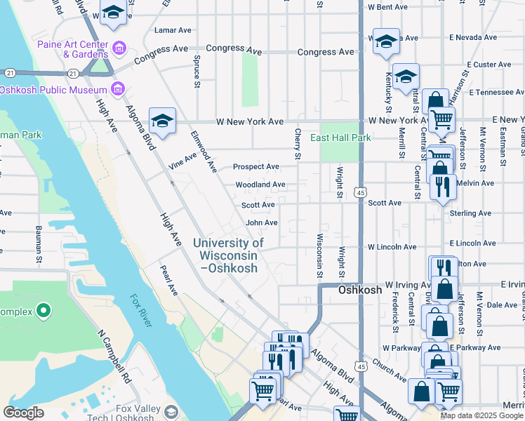 map of restaurants, bars, coffee shops, grocery stores, and more near 814 John Avenue in Oshkosh