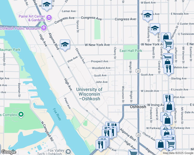 map of restaurants, bars, coffee shops, grocery stores, and more near 844 John Avenue in Oshkosh