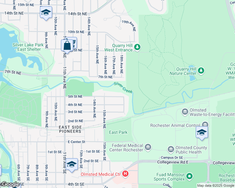 map of restaurants, bars, coffee shops, grocery stores, and more near 1525 5th Street Northeast in Rochester