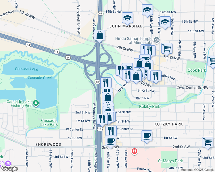 map of restaurants, bars, coffee shops, grocery stores, and more near 1623 4th Street Northwest in Rochester