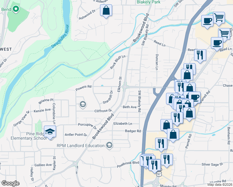 map of restaurants, bars, coffee shops, grocery stores, and more near 61366 Stardrift Drive in Bend