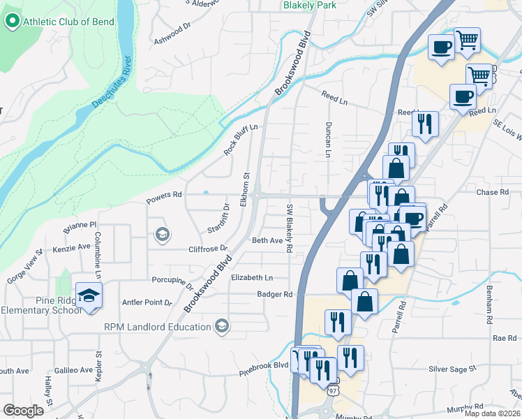 map of restaurants, bars, coffee shops, grocery stores, and more near in Bend
