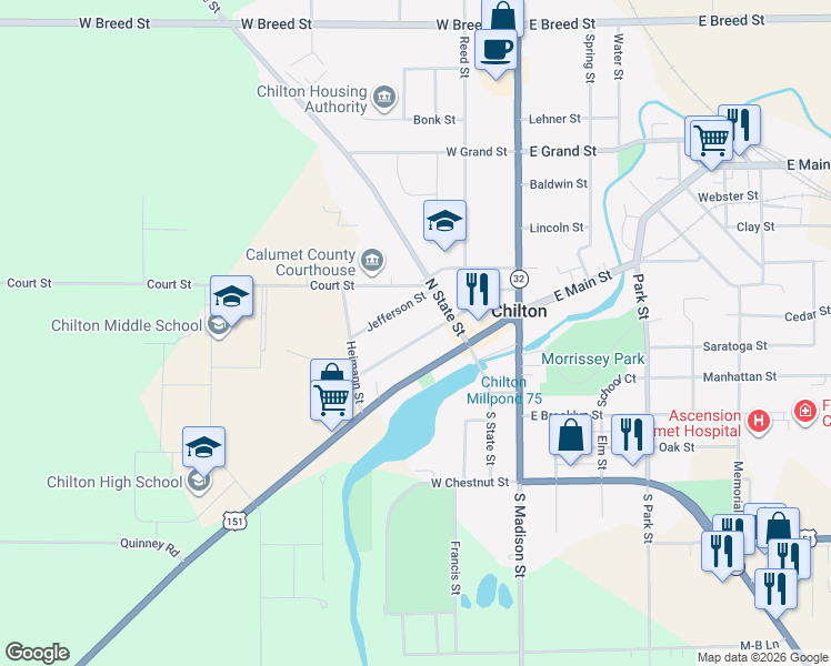 map of restaurants, bars, coffee shops, grocery stores, and more near 151 School Street in Chilton