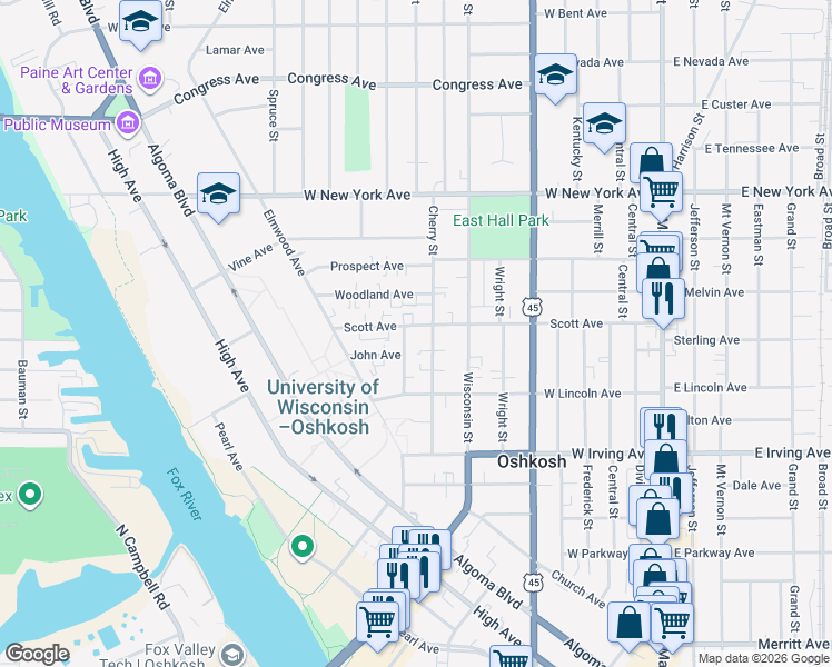 map of restaurants, bars, coffee shops, grocery stores, and more near 845 Cherry Street in Oshkosh
