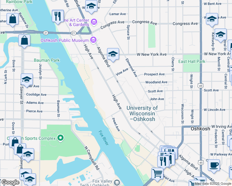map of restaurants, bars, coffee shops, grocery stores, and more near 1010 Woodland Avenue in Oshkosh