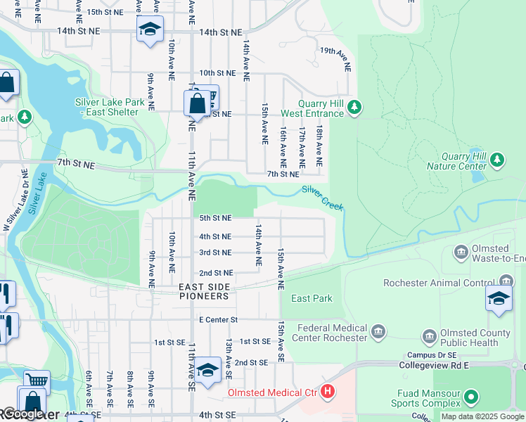 map of restaurants, bars, coffee shops, grocery stores, and more near 1405 5th Street Northeast in Rochester