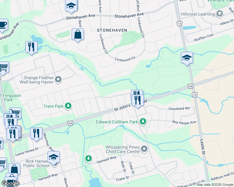map of restaurants, bars, coffee shops, grocery stores, and more near 315 Thomas Phillips Drive in Newmarket