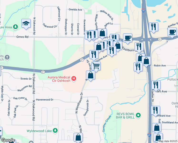 map of restaurants, bars, coffee shops, grocery stores, and more near 855 North Westhaven Drive in Oshkosh